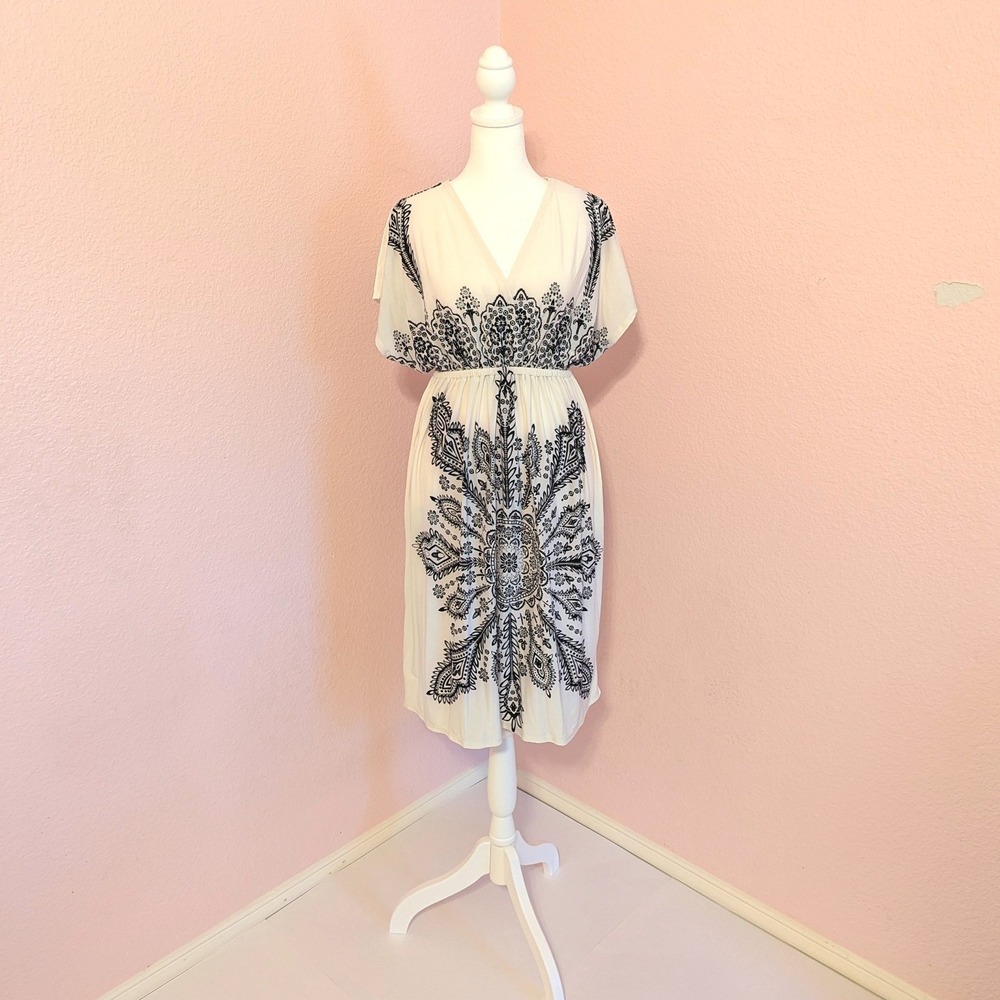 Ocean Breeze Womens Ivory Black Mandala Empire Waist Midi Kimono Sleeve Dress L
